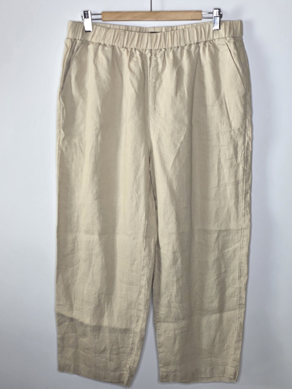 Quince Light Tan 100% Linen Wide Leg casual Pants Large Elastic waist